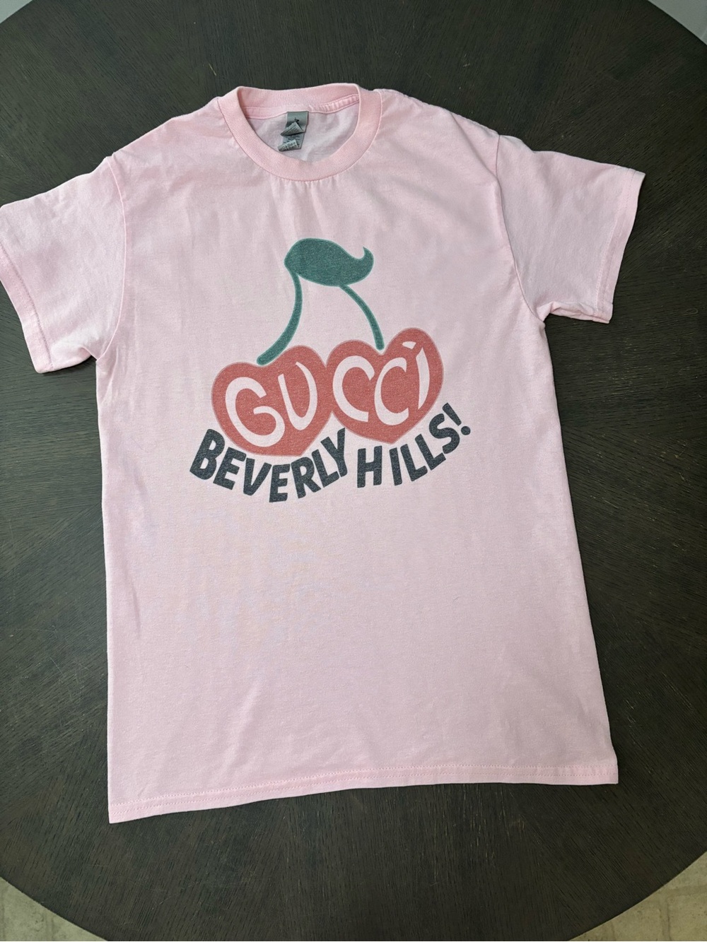 Gildan Pink Tee with Cherry Graphic and 'Beverly Hills' Print